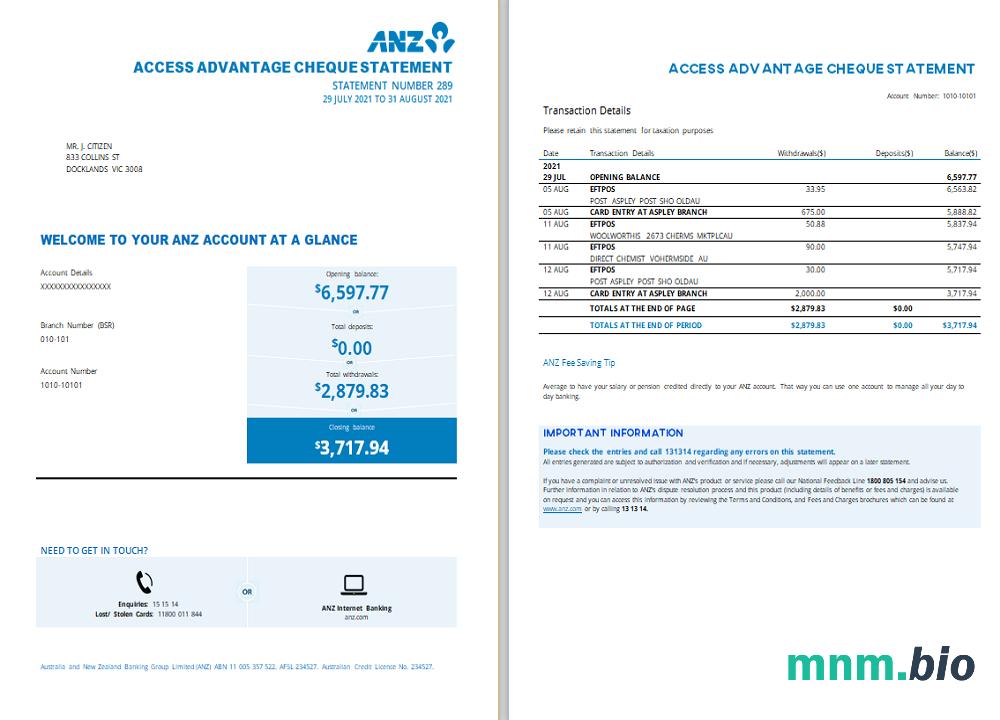 Australia ANZ dowód adresu szablon wyciągu bankowego w formacie Excel i PDF